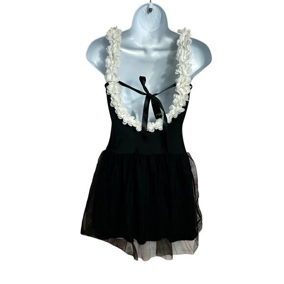 Shein Black Mini Dress Sz M Balletcore Mesh Skirt White Roses Attached Shorts - Picture 8 of 9